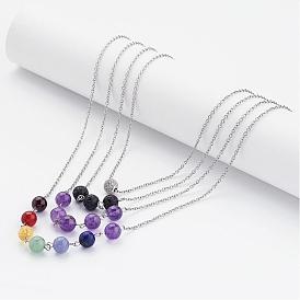 Mixed Gemstone Tiered Necklaces, with Brass Micro Pave Cubic Zirconia Beads, 316 Surgical Stainless Steel Cable Chains and 304 Stainless Steel Lobster Claw Clasps