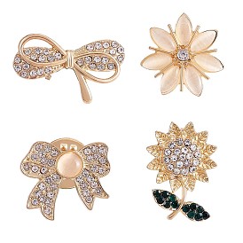 4Pcs 4 Style Crystal Rhinestone Bowknot & Sunflower Brooches, Gold Plated Alloy Badges for Backpack Clothes