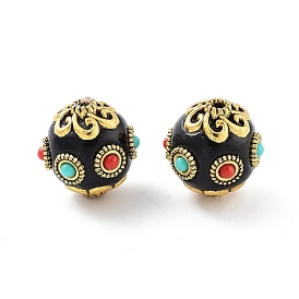 Handmade Indonesia Beads, with Alloy and Resin, Round, Antique Golden