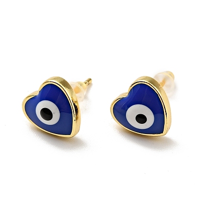 Heart with Evil Eye Enamel Stud Earrings, Gold Plated Brass Jewelry for Women, Cadmium Free & Lead Free