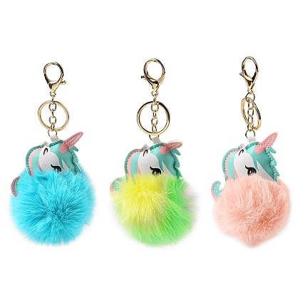 Imitation Rex Rabbit Fur Ball & PU Leather Unicorn Pendant Keychain, with Alloy Clasp, for Bag Car Pendant Decoration