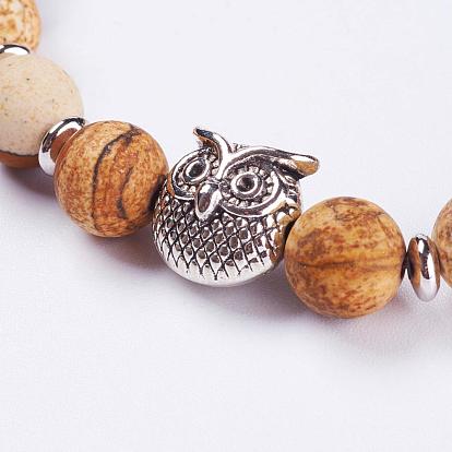 Gemstone Stretch Bracelets, with Tibetan Style Alloy Beads, Owl