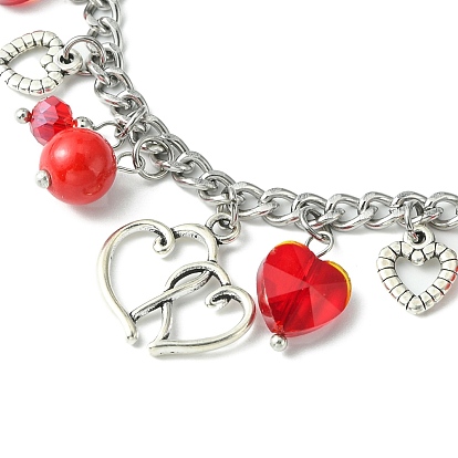 Tibetan Style Alloy & Glass Heart Charm Bracelet with 304 Stainless Steel Curb Chains for Valentine's Day