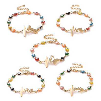 Вакуумное покрытие pvd 304 браслет из нержавеющей стали с сердечным ритмом, красочный эмалевый браслет с цепями от сглаза для женщин