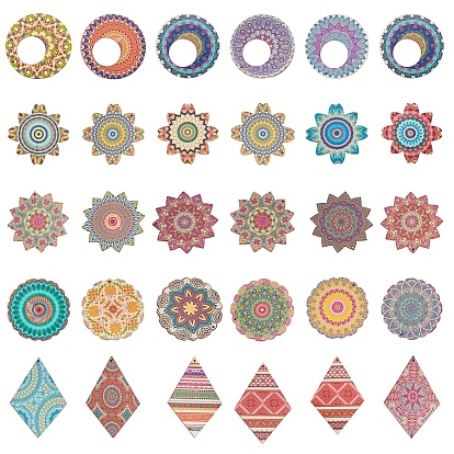 SUNNYCLUE Printed Wooden Big Pendants, Flower & Flat Round & Rhombus