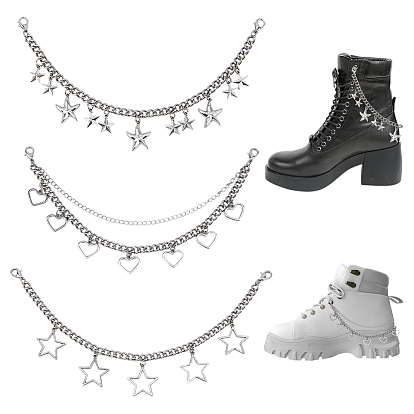 6 шт. 3 стили 201 нержавеющая сталь кубинская звеньевая цепь цепи для ремней для ботинок, с застежками-лобстерами из сплава и подвесками в виде звезды/морской звезды/сердца