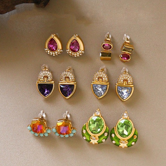 Brass Pave Cubic Zirconia Stud Earrings, Glass Earrings, Golden