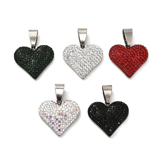 201 подвески из нержавеющей стали и глины, со стразами, сердце, цвет нержавеющей стали