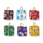 Square Handmade Millefiori Glass Pendants, with Iron Flat Head Pins, Cadmium Free & Lead Free