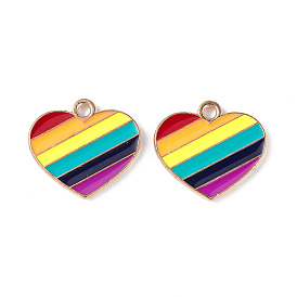 Rainbow Color Pride Alloy Enamel Pendants, Heart Charms, Light Gold
