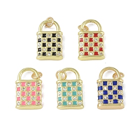 Brass Micro Pave Cubic Zirconia Pendants, with Enamel, Real 18K Gold Plated, Padlock Charm with Jump Rings
