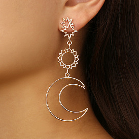 Geometric Hollow Star Moon Earrings, Creative Asymmetrical Studs for Fashionable Women