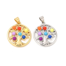 Colorful Resin Pendants, Flat Round Charms, with Brass Tree of Life