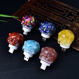 Resin Pig Shape USB Night Light, with Natural & Synthetic Gemstone Chips inside Night Lamp for Bedroom Home Decor