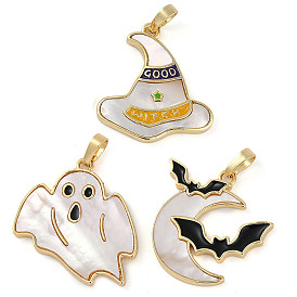 Halloween Rack Plating Brass Enamel Pendants, with Pave Shell, Long-Lasting Plated, Lead Free & Cadmium Free, Real 18K Gold Plated, Ghost & Moon & Witch Hat