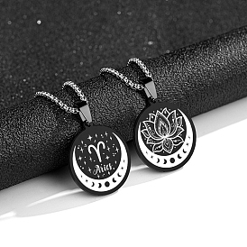 12 Constellation Titanium Steel Half Moon & Lotus Pendant Box Chain Necklaces, Stainless Steel Color