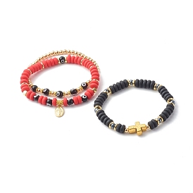 Handmade Polymer Clay Beads Stretch Bracelets Sets, with Brass & Evil Eye Lampwork Beads