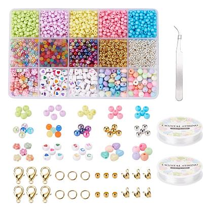Kit de fabrication de bijoux, y compris les billes acryliques, fer caches noeuds, Fil cristal, fil élastique, abs perles en plastique, 410 Brucelles pointues en acier inoxydable, agrafes en alliage de zinc, anneaux de saut en laiton et perles à écraser