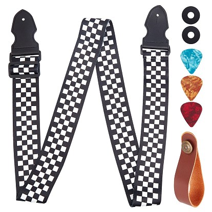 1 Set Guitar Accessory Set, with Polyester & PU Leather Strap, Microfiber & Iron Neck Strap, Silicone Strap Buckle, Plastic Guitar Picks