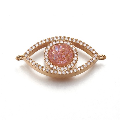 Brass Micro Pave Cubic Zirconia Links Connectors, with Electroplate Natural Druzy Quartz, Eye, Golden