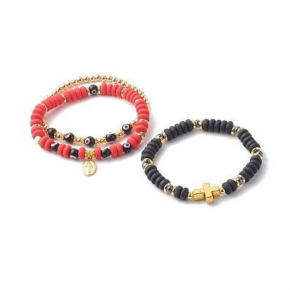 Handmade Polymer Clay Beads Stretch Bracelets Sets, with Brass & Evil Eye Lampwork Beads