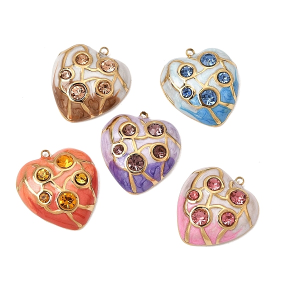 304 Stainless Steel & Enamel & Rhinestone Pendants, Heart Charms, Ion Plating(IP), Long-Lasting Plated, Real 18K Gold Plated