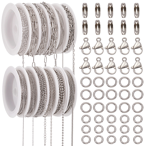 32m 12 estilos 304 cadenas de cable de acero inoxidable, con 200 piezas de anillo de salto, 30 Uds cierres de pinza de langosta, 10unidades de conectores de cadena de bolas y 12unidades de bobinas vacías