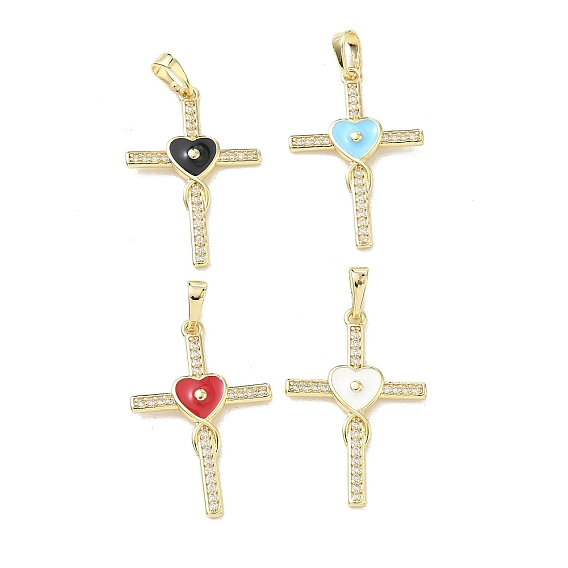 Brass Micro Pave Clear Cubic Zirconia Pendants, with Enamel, Cross with Heart Charms, Rack Plating, Long-Lasting Plated, Cadmium Free & Lead Free, Real 18K Gold Plated