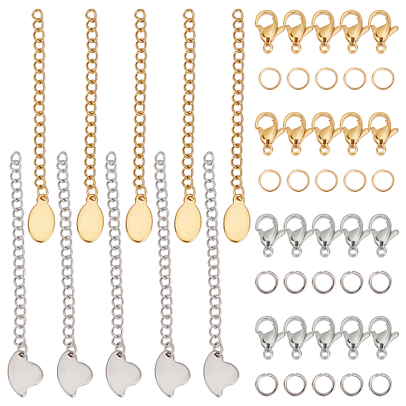 10Pcs 304 Stainless Steel Chain Extender, Curb Chain, with 202 Stainless Steel Charms, Oval