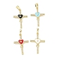 Brass Micro Pave Clear Cubic Zirconia Pendants, with Enamel, Cross with Heart Charms, Rack Plating, Long-Lasting Plated, Cadmium Free & Lead Free, Real 18K Gold Plated
