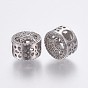 Brass Micro Pave Cubic Zirconia European Beads, Large Hole Beads, Hollow, Flat Round with Star, Clear