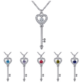 Sparkling Gemstone Heart Key Necklace with Micro Pave Cubic Zirconia for Women