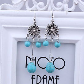 Bohemian Vintage Silver Earrings with Turquoise Drop Pendant