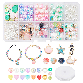 Nbeads DIY Ocean Theme Bracelet Making Kits for Kid, Including Acrylic Pearl and Heart & Plastic Round & Polymer Clay Disc Beads, Starfish & Sea Horse & Shell & Dolphin Alloy Pendants