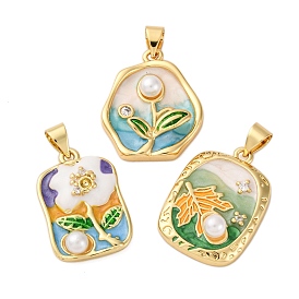 Латунные микро проложить кубического циркония подвески, цветы/листья, с эмалью и абс пластика имитация жемчуга, без кадмия и без свинца, стойки покрытие, долговечный