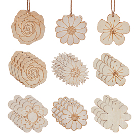 30шт 5 стили необработанные деревянные подвесные украшения, с джутовым шпагатом, цветок