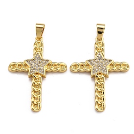 Brass Micro Pave Clear Cubic Zirconia Pendants, Long-Lasting Plated, Cross