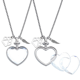 2Pcs Stainless Steel Chain Necklaces, Heart, with Alloy Locket Pendants and 4Pcs Glass Cabochons