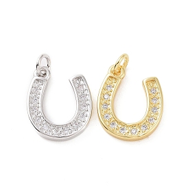 Brass Micro Pave Cubic Zirconia U Shape Charms, with Jump Ring, Horse Shoe Charm