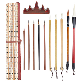 PandaHall Elite 1 Set Calligraphy Brushes Pen Set, with 1Pc Roll Up Bamboo Brush Holder, 1Pc Wooden Brush Holder, for Professional Calligraphy