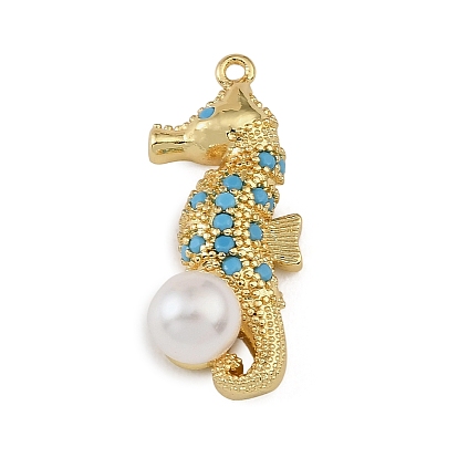 Pendentifs en laiton sertis de micro-pavés de turquoise, de zircon cubique et de perles en plastique ABS, charmes d'hippocampe, crémaillère plaquage, plaqué longue durée, sans cadmium et sans plomb