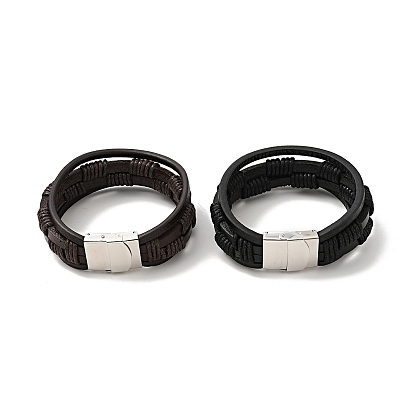 Bracelet multi-rangs tressé en cuir microfibre avec 201 fermoir en acier inoxydable pour homme femme