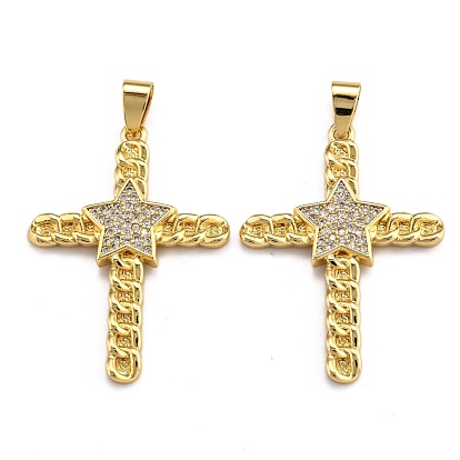Brass Micro Pave Clear Cubic Zirconia Pendants, Long-Lasting Plated, Cross