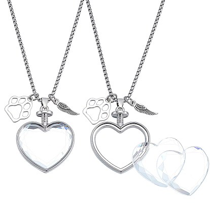 2Pcs Stainless Steel Chain Necklaces, Heart, with Alloy Locket Pendants and 4Pcs Glass Cabochons