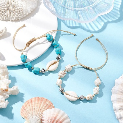 2шт. регулируемые синтетические бирюзовые крашеные бусины и натуральные плетеные браслеты из ракушек каури для женщин, с тибетском стиле сплава бисером