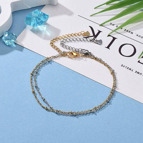304 Stainless Steel Cable Chain, Satellite Chain Anklets Sets, with Rondelle Beads and Lobster Claw Clasps