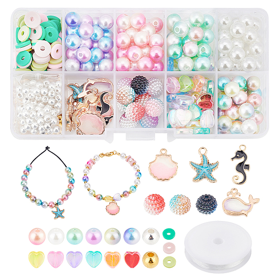 Наборы для изготовления браслетов на тему океана своими руками для детей, в том числе акриловый жемчуг и сердце и пластиковые круглые бусины и бусины из полимерной глины, подвески из сплава морских звезд, морских коньков, ракушек и дельфинов