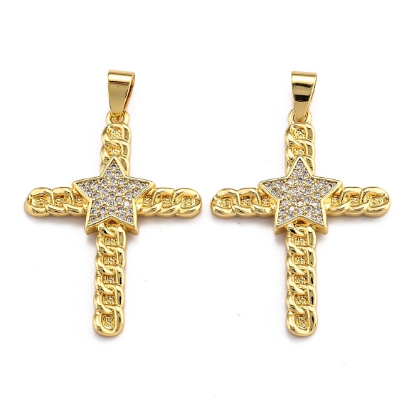 Brass Micro Pave Clear Cubic Zirconia Pendants, Long-Lasting Plated, Cross
