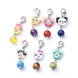 Handmade Polymer Clay Pendant Decorations Sets, with 304 Stainless Steel Lobster Claw Clasps and Natural Gemstone Round Beads, Animal