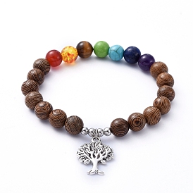 Chakra Jewelry, Stretch Charm Bracelets, with Natural Gemstone Beads, Wood Beads, Alloy Pendants and 304 Stainless Steel Beads, Tree